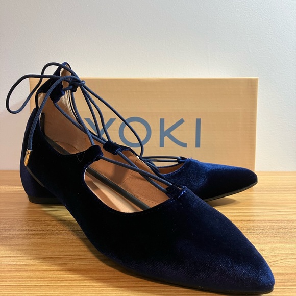 Yoki NWT Womens Navy Urban-140 Gladiator Pointy Velvet Lace Up Flat (Sz 9) - Picture 2 of 7